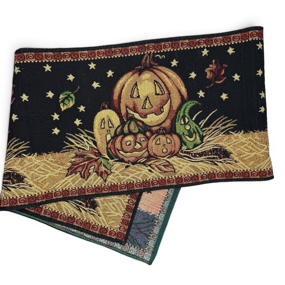 Vintage Halloween Tapestry Table Runner 69" Jack-o'-lantern Pumpkin Fall Stars